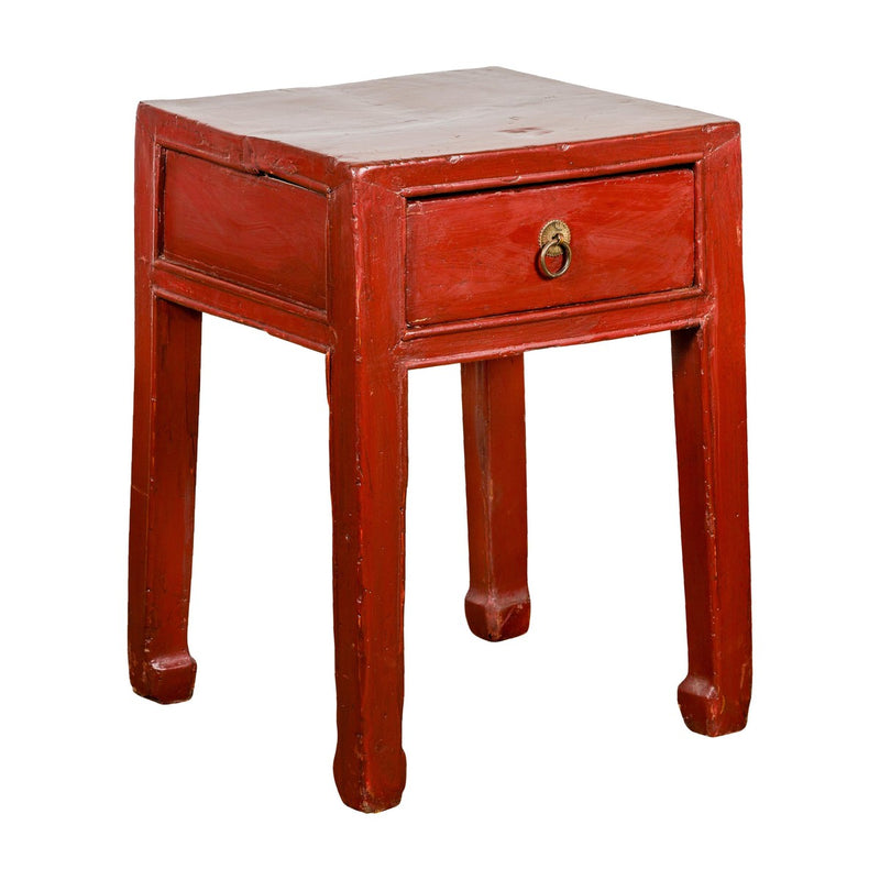 Late Qing Dynasty Red Lacquer Side Table with Single Drawer and Horse Hoof Feet-YN2118-13. Asian & Chinese Furniture, Art, Antiques, Vintage Home Décor for sale at FEA Home