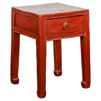 Late Qing Dynasty Red Lacquer Side Table with Single Drawer and Horse Hoof Feet