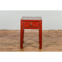 Late Qing Dynasty Red Lacquer Side Table with Single Drawer and Horse Hoof Feet
