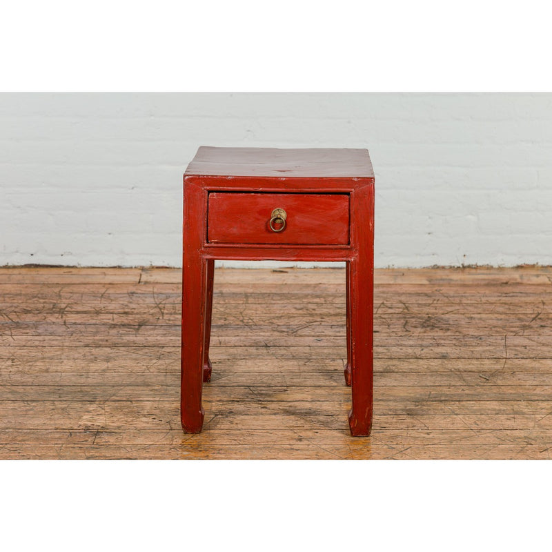 Late Qing Dynasty Red Lacquer Side Table with Single Drawer and Horse Hoof Feet-YN2118-2. Asian & Chinese Furniture, Art, Antiques, Vintage Home Décor for sale at FEA Home