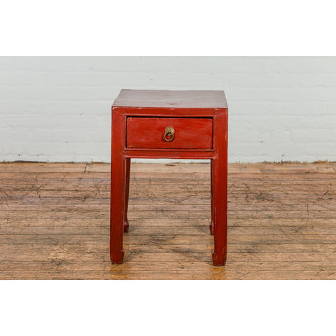 Late Qing Dynasty Red Lacquer Side Table with Single Drawer and Horse Hoof Feet-YN2118-2. Asian & Chinese Furniture, Art, Antiques, Vintage Home Décor for sale at FEA Home