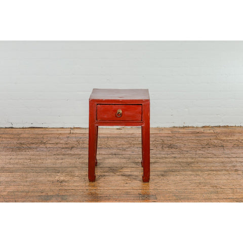Late Qing Dynasty Red Lacquer Side Table with Single Drawer and Horse Hoof Feet-YN2118-3. Asian & Chinese Furniture, Art, Antiques, Vintage Home Décor for sale at FEA Home