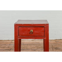 Late Qing Dynasty Red Lacquer Side Table with Single Drawer and Horse Hoof Feet