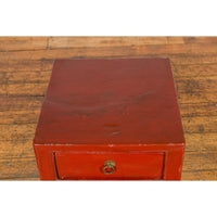 Late Qing Dynasty Red Lacquer Side Table with Single Drawer and Horse Hoof Feet