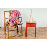 Late Qing Dynasty Red Lacquer Side Table with Single Drawer and Horse Hoof Feet