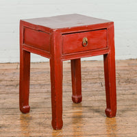 Late Qing Dynasty Red Lacquer Side Table with Single Drawer and Horse Hoof Feet