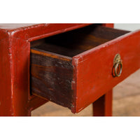 Late Qing Dynasty Red Lacquer Side Table with Single Drawer and Horse Hoof Feet