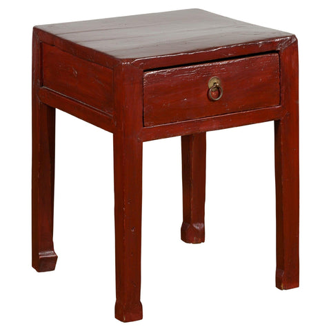 Red Lacquer End Table with Single Drawer and Horse Hoof Feet-YN2119-1-Unique Furniture-Art-Antiques-Home Décor in NY