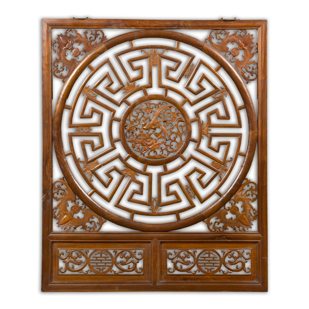 Chinese Late Qing Dynasty Fretwork Panel with Phoenix, Bats and Geometric Maze-1. Asian & Chinese Furniture, Art, Antiques, Vintage Home Décor for sale at FEA Home