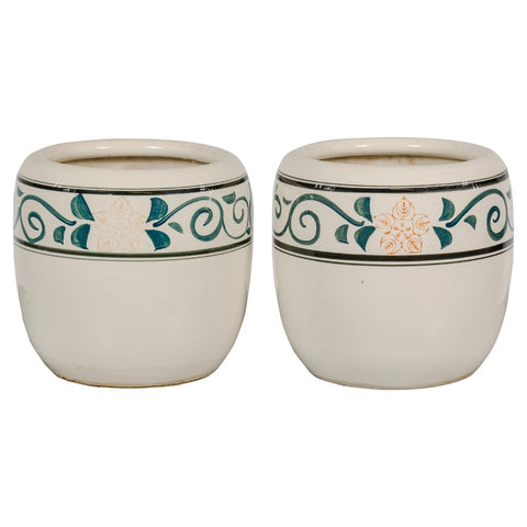Pair of Late Qing Dynasty Ceramic Planters with Green Floral Décor-YN2374-1. Asian & Chinese Furniture, Art, Antiques, Vintage Home Décor for sale at FEA Home