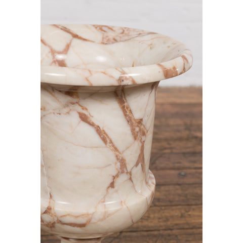 Neoclassical Style White and Red Veined Marble Planter with Stepped Round Base-YN2380-11. Asian & Chinese Furniture, Art, Antiques, Vintage Home Décor for sale at FEA Home