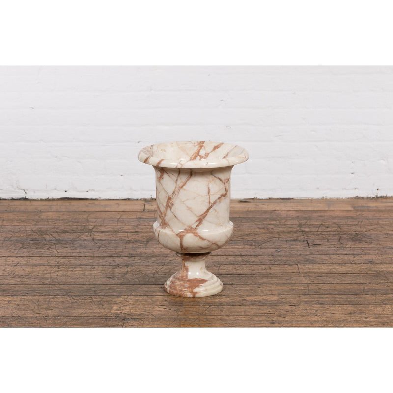 Neoclassical Style White and Red Veined Marble Planter with Stepped Round Base-YN2380-12. Asian & Chinese Furniture, Art, Antiques, Vintage Home Décor for sale at FEA Home