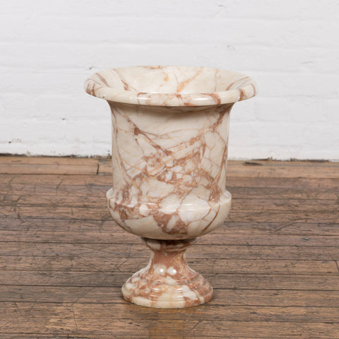 Neoclassical Style White and Red Veined Marble Planter with Stepped Round Base-YN2380-13. Asian & Chinese Furniture, Art, Antiques, Vintage Home Décor for sale at FEA Home