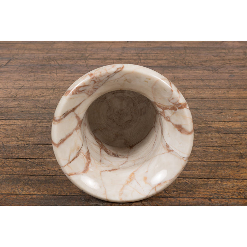 Neoclassical Style White and Red Veined Marble Planter with Stepped Round Base-YN2380-16. Asian & Chinese Furniture, Art, Antiques, Vintage Home Décor for sale at FEA Home