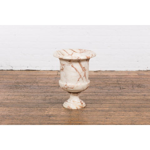 Neoclassical Style White and Red Veined Marble Planter with Stepped Round Base-YN2380-2. Asian & Chinese Furniture, Art, Antiques, Vintage Home Décor for sale at FEA Home