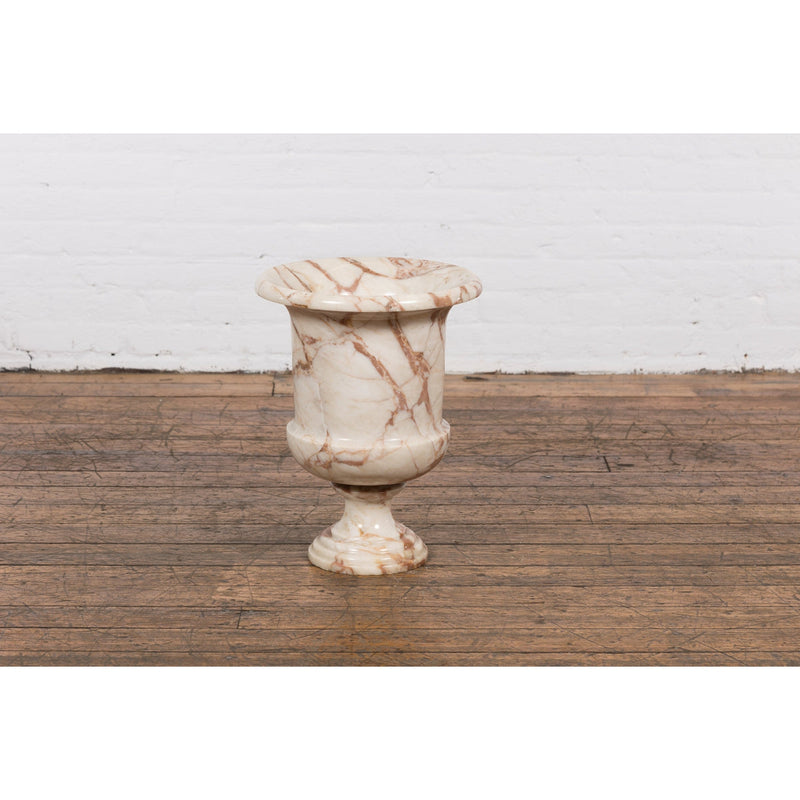 Neoclassical Style White and Red Veined Marble Planter with Stepped Round Base-YN2380-3. Asian & Chinese Furniture, Art, Antiques, Vintage Home Décor for sale at FEA Home