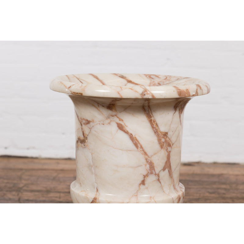 Neoclassical Style White and Red Veined Marble Planter with Stepped Round Base-YN2380-7. Asian & Chinese Furniture, Art, Antiques, Vintage Home Décor for sale at FEA Home