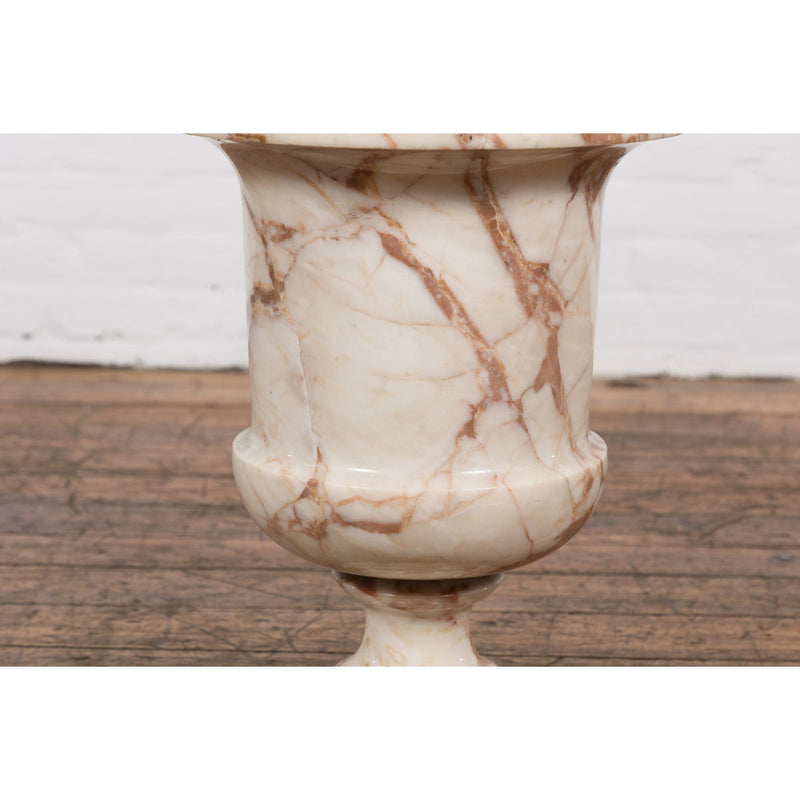 Neoclassical Style White and Red Veined Marble Planter with Stepped Round Base-YN2380-8. Asian & Chinese Furniture, Art, Antiques, Vintage Home Décor for sale at FEA Home