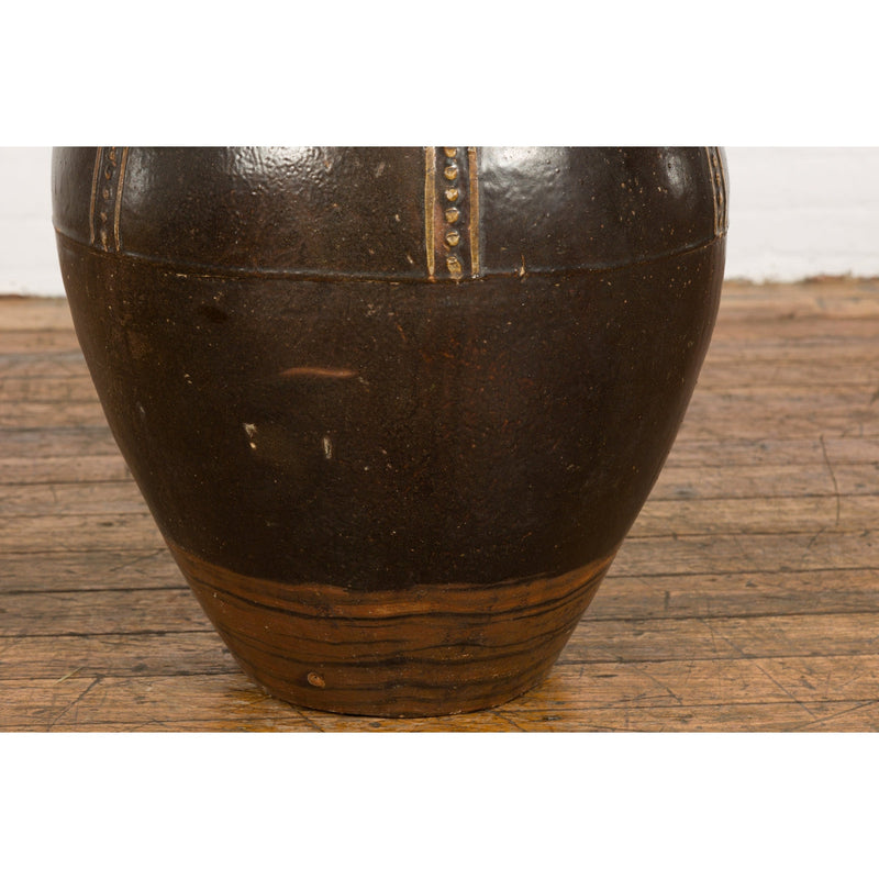 Thai Brown Glazed Ceramic Vase with Loop Handles and Cream Dotted Décor-10. Asian & Chinese Furniture, Art, Antiques, Vintage Home Décor for sale at FEA Home