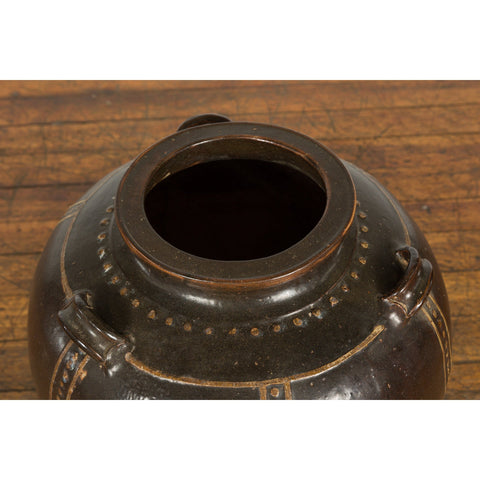 Thai Brown Glazed Ceramic Vase with Loop Handles and Cream Dotted Décor-11. Asian & Chinese Furniture, Art, Antiques, Vintage Home Décor for sale at FEA Home