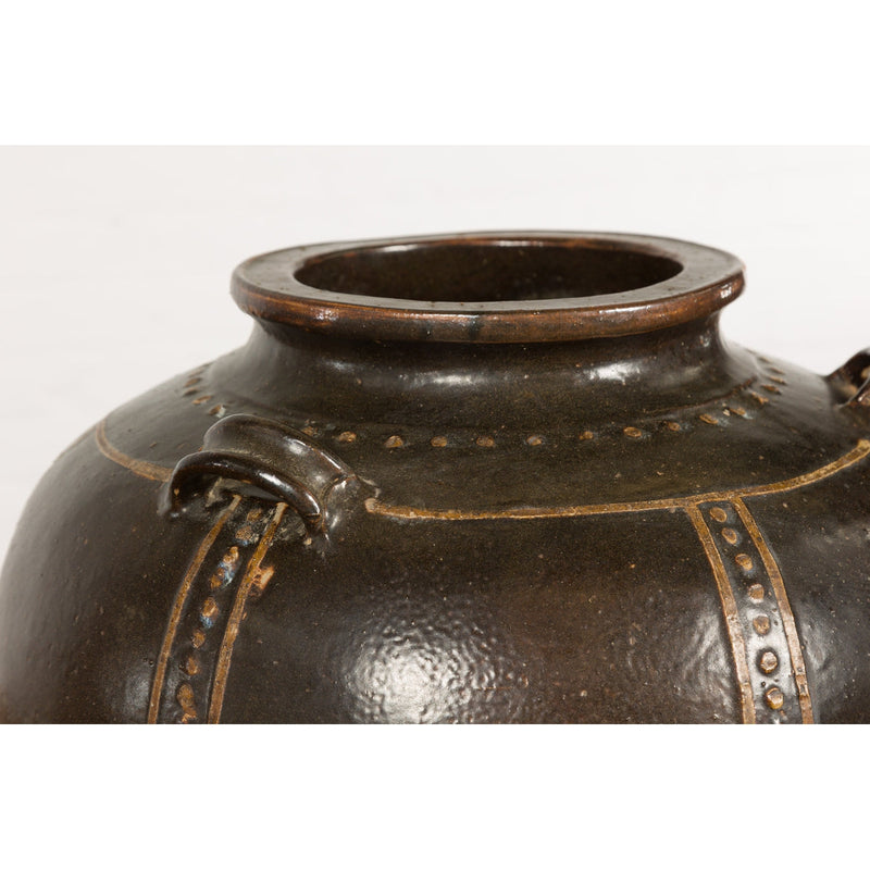 Thai Brown Glazed Ceramic Vase with Loop Handles and Cream Dotted Décor-12. Asian & Chinese Furniture, Art, Antiques, Vintage Home Décor for sale at FEA Home