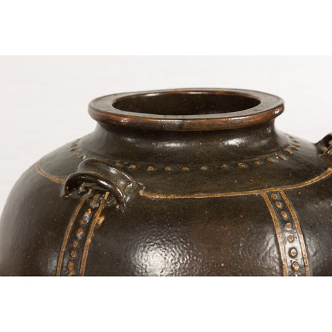 Thai Brown Glazed Ceramic Vase with Loop Handles and Cream Dotted Décor-12. Asian & Chinese Furniture, Art, Antiques, Vintage Home Décor for sale at FEA Home