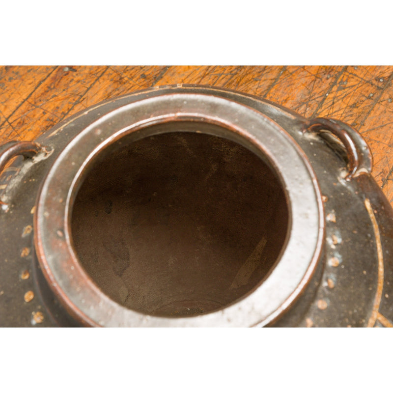 Thai Brown Glazed Ceramic Vase with Loop Handles and Cream Dotted Décor-13. Asian & Chinese Furniture, Art, Antiques, Vintage Home Décor for sale at FEA Home