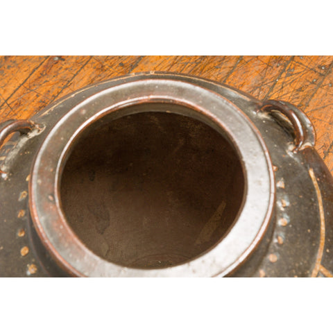 Thai Brown Glazed Ceramic Vase with Loop Handles and Cream Dotted Décor-13. Asian & Chinese Furniture, Art, Antiques, Vintage Home Décor for sale at FEA Home