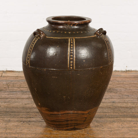 Thai Brown Glazed Ceramic Vase with Loop Handles and Cream Dotted Décor-14. Asian & Chinese Furniture, Art, Antiques, Vintage Home Décor for sale at FEA Home