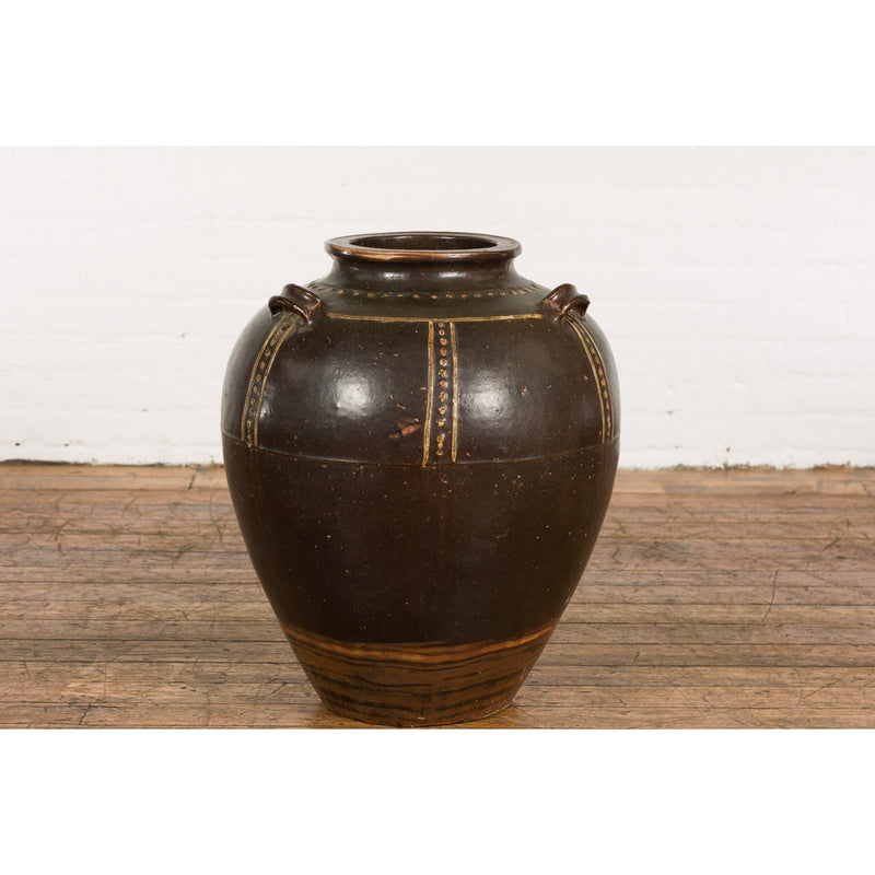 Thai Brown Glazed Ceramic Vase with Loop Handles and Cream Dotted Décor-15. Asian & Chinese Furniture, Art, Antiques, Vintage Home Décor for sale at FEA Home