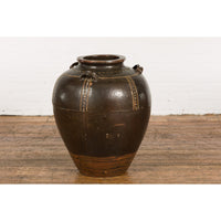 Thai Brown Glazed Ceramic Vase with Loop Handles and Cream Dotted Décor