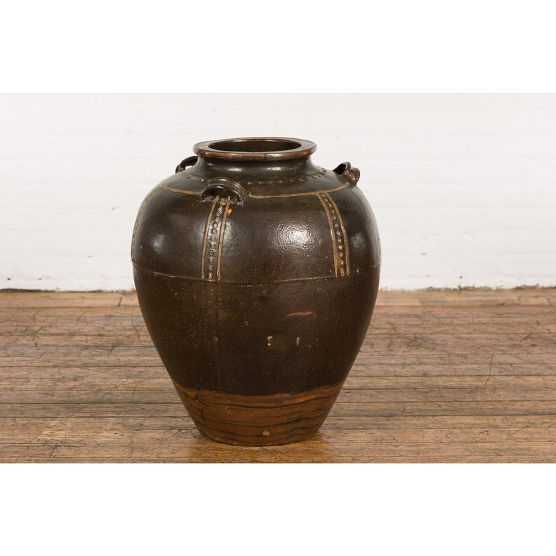 Thai Brown Glazed Ceramic Vase with Loop Handles and Cream Dotted Décor-16. Asian & Chinese Furniture, Art, Antiques, Vintage Home Décor for sale at FEA Home