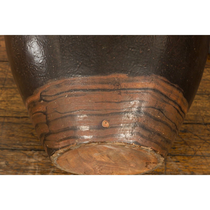 Thai Brown Glazed Ceramic Vase with Loop Handles and Cream Dotted Décor-17. Asian & Chinese Furniture, Art, Antiques, Vintage Home Décor for sale at FEA Home