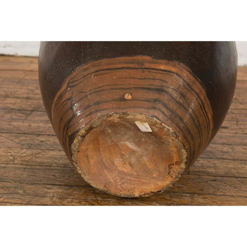 Thai Brown Glazed Ceramic Vase with Loop Handles and Cream Dotted Décor-18. Asian & Chinese Furniture, Art, Antiques, Vintage Home Décor for sale at FEA Home