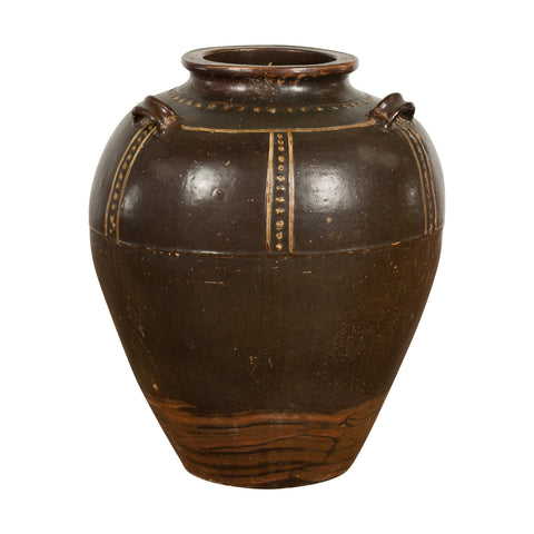 Thai Brown Glazed Ceramic Vase with Loop Handles and Cream Dotted Décor-1. Asian & Chinese Furniture, Art, Antiques, Vintage Home Décor for sale at FEA Home
