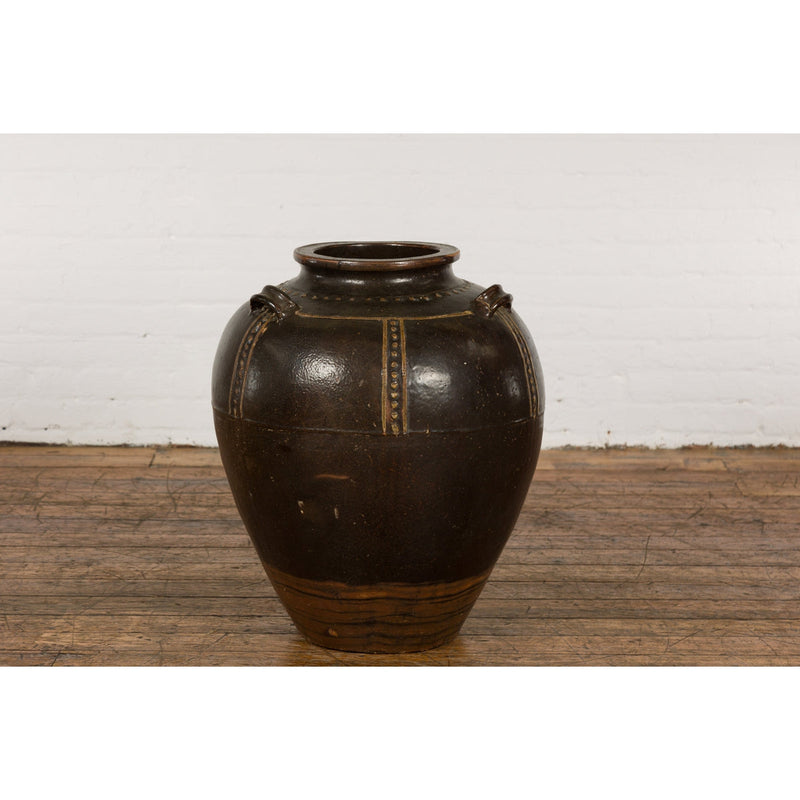 Thai Brown Glazed Ceramic Vase with Loop Handles and Cream Dotted Décor-2. Asian & Chinese Furniture, Art, Antiques, Vintage Home Décor for sale at FEA Home