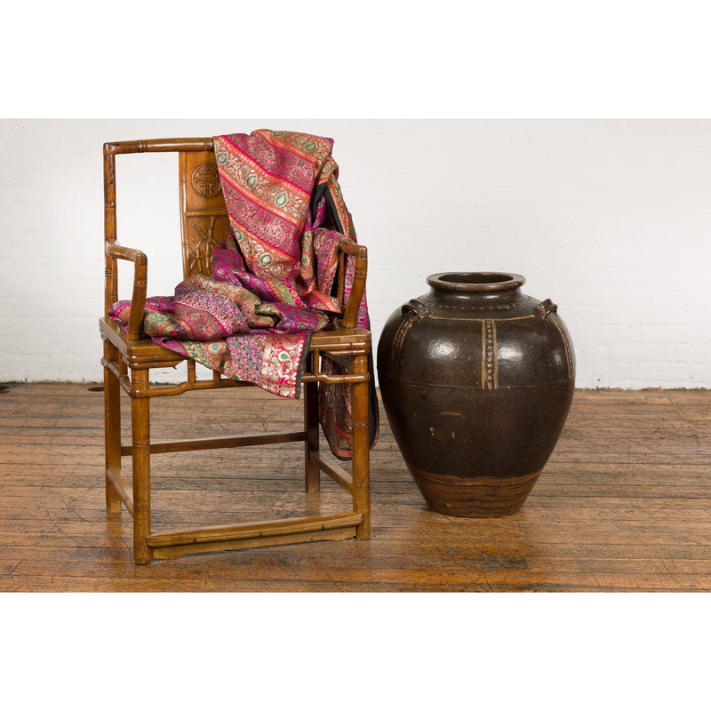 Thai Brown Glazed Ceramic Vase with Loop Handles and Cream Dotted Décor-3. Asian & Chinese Furniture, Art, Antiques, Vintage Home Décor for sale at FEA Home