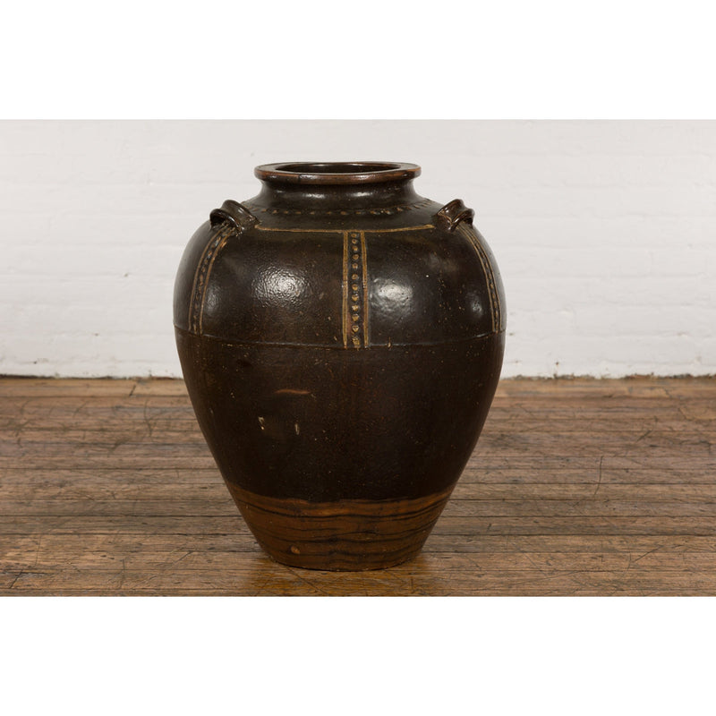 Thai Brown Glazed Ceramic Vase with Loop Handles and Cream Dotted Décor-4. Asian & Chinese Furniture, Art, Antiques, Vintage Home Décor for sale at FEA Home