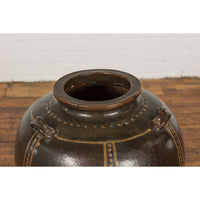 Thai Brown Glazed Ceramic Vase with Loop Handles and Cream Dotted Décor