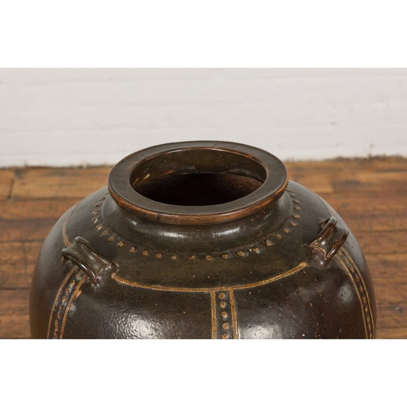 Thai Brown Glazed Ceramic Vase with Loop Handles and Cream Dotted Décor-5. Asian & Chinese Furniture, Art, Antiques, Vintage Home Décor for sale at FEA Home