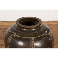 Thai Brown Glazed Ceramic Vase with Loop Handles and Cream Dotted Décor