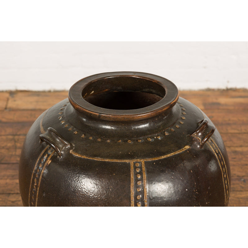 Thai Brown Glazed Ceramic Vase with Loop Handles and Cream Dotted Décor-6. Asian & Chinese Furniture, Art, Antiques, Vintage Home Décor for sale at FEA Home