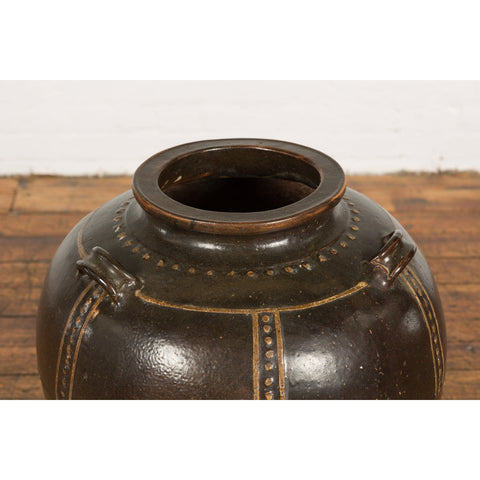 Thai Brown Glazed Ceramic Vase with Loop Handles and Cream Dotted Décor-6. Asian & Chinese Furniture, Art, Antiques, Vintage Home Décor for sale at FEA Home