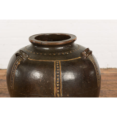 Thai Brown Glazed Ceramic Vase with Loop Handles and Cream Dotted Décor-7. Asian & Chinese Furniture, Art, Antiques, Vintage Home Décor for sale at FEA Home
