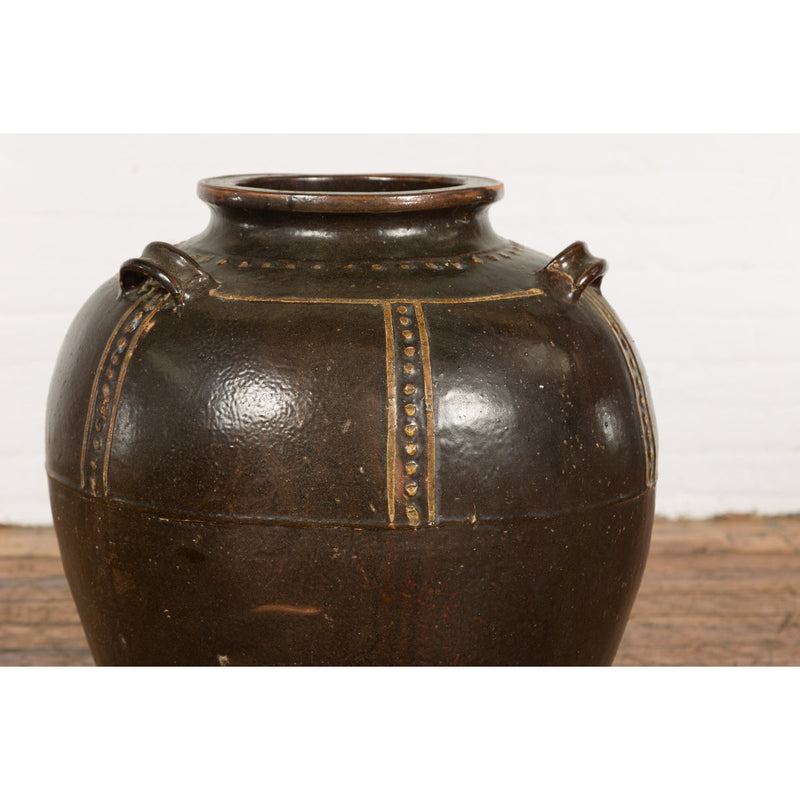 Thai Brown Glazed Ceramic Vase with Loop Handles and Cream Dotted Décor-8. Asian & Chinese Furniture, Art, Antiques, Vintage Home Décor for sale at FEA Home