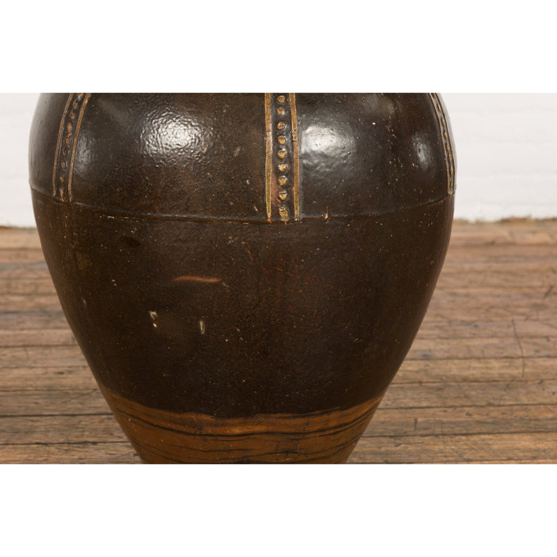 Thai Brown Glazed Ceramic Vase with Loop Handles and Cream Dotted Décor-9. Asian & Chinese Furniture, Art, Antiques, Vintage Home Décor for sale at FEA Home