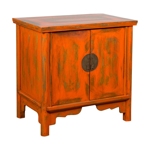 Chinese Late Qing Dynasty Elm Side Cabinet with Custom Orange Lacquer-1. Asian & Chinese Furniture, Art, Antiques, Vintage Home Décor for sale at FEA Home