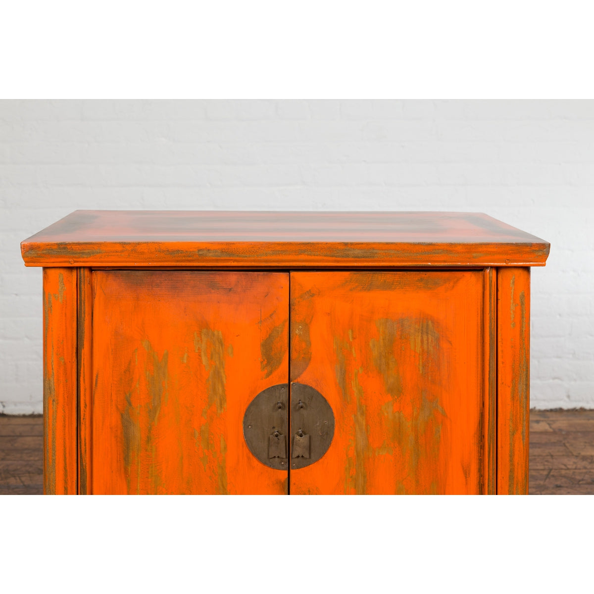 Chinese Late Qing Dynasty Elm Side Cabinet with Custom Orange Lacquer-4. Asian &amp; Chinese Furniture, Art, Antiques, Vintage Home Décor for sale at FEA Home