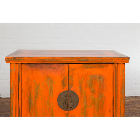 Chinese Late Qing Dynasty Elm Side Cabinet with Custom Orange Lacquer-YN2589-4. Asian & Chinese Furniture, Art, Antiques, Vintage Home Décor for sale at FEA Home