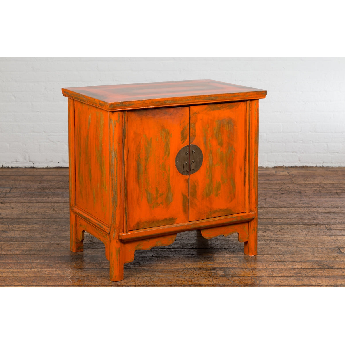 Chinese Late Qing Dynasty Elm Side Cabinet with Custom Orange Lacquer-6. Asian &amp; Chinese Furniture, Art, Antiques, Vintage Home Décor for sale at FEA Home
